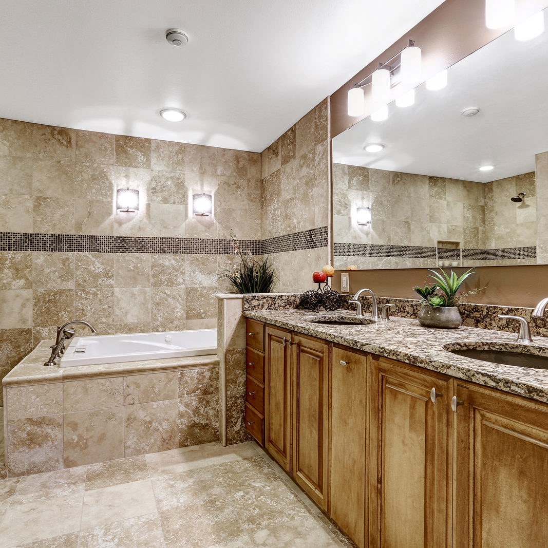 Luxury Bathroom Interior With Tile Floor.